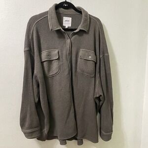 Aerie Women's Large Oversized Waffle Knit Button Up Shacket Olive Green Cotton